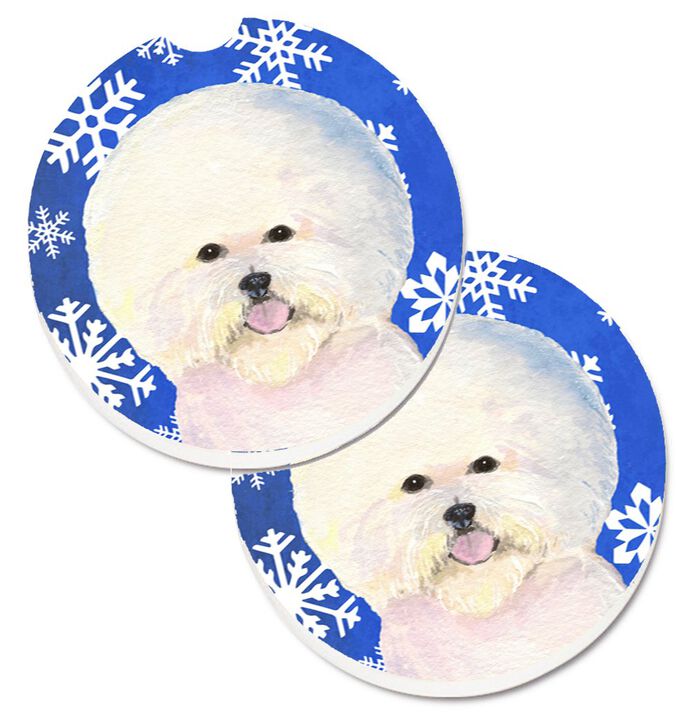 Caroline's Treasures Bichon Frise Winter Snowflakes Holiday Set of 2 Cup Holder Car Coasters SS4664CARC, 2.56, Multicolor