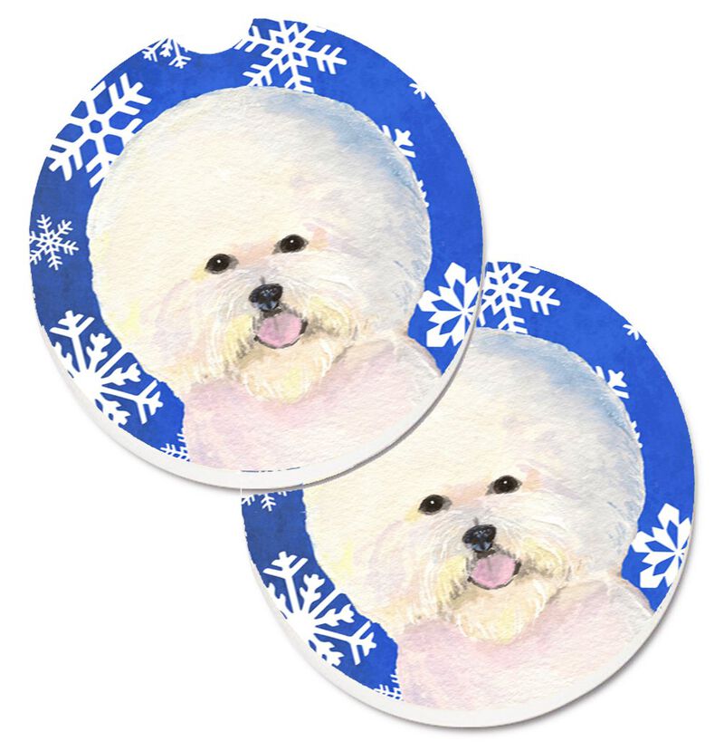 Caroline's Treasures Bichon Frise Winter Snowflakes Holiday Set of 2 Cup Holder Car Coasters SS4664CARC, 2.56, Multicolor image number 0