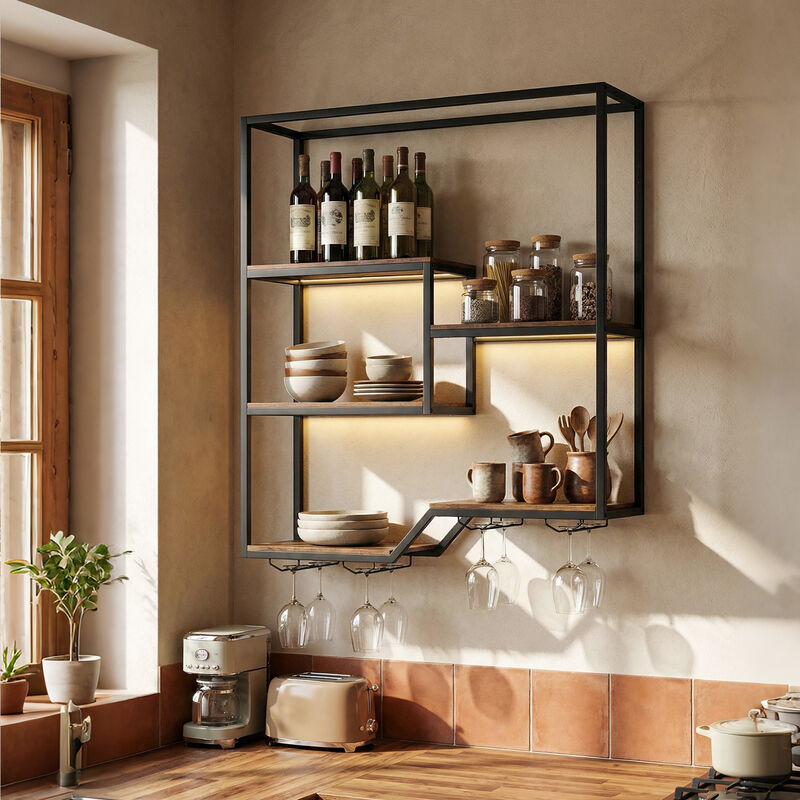 Rustic Brown 5-Tier Hanging Wine Rack with Bottle Shelf and Glass Holder image number 6
