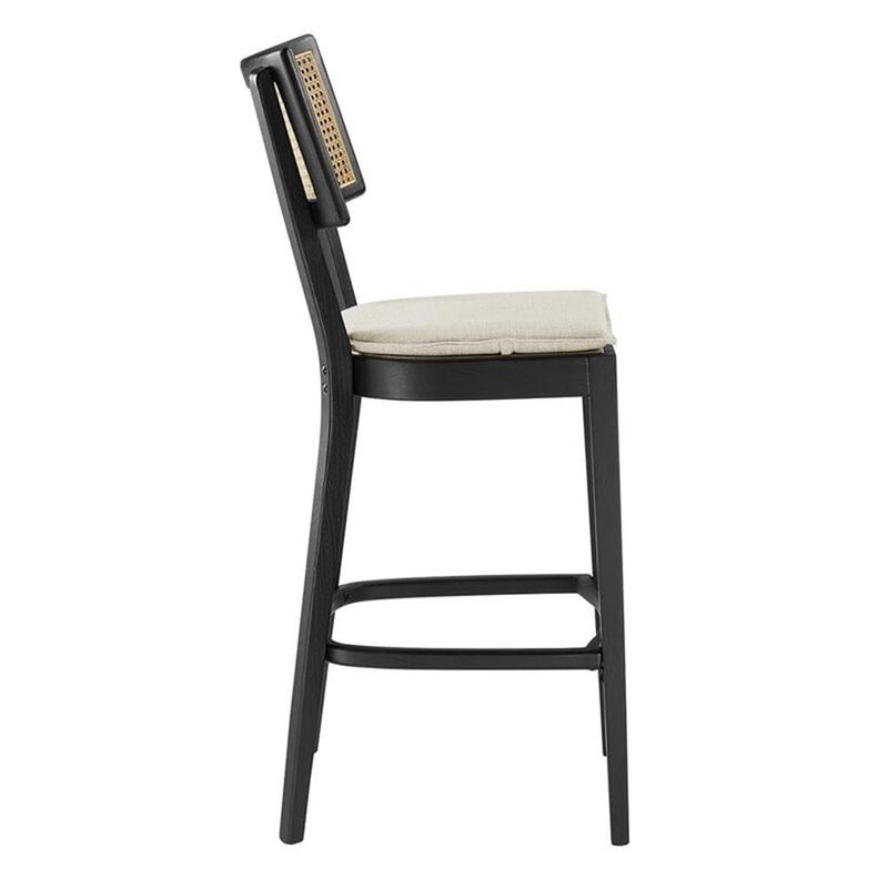 Modway Caledonia 46.5 Inch Elm Wood Bar Stools - Set of 2 in Black Beige - Padded Bar Stools with Rattan Back and Removable Cushion Cover - 2Pc High Bar Chairs with Footrest - Armless Bar Stools image number 2