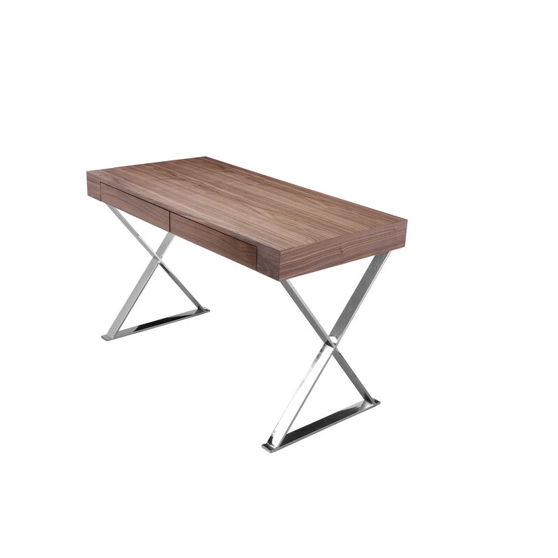 Rix 47 Inch Office Desk, Walnut Wood Top, 2 Drawers, X Polished Steel Legs - Benzara