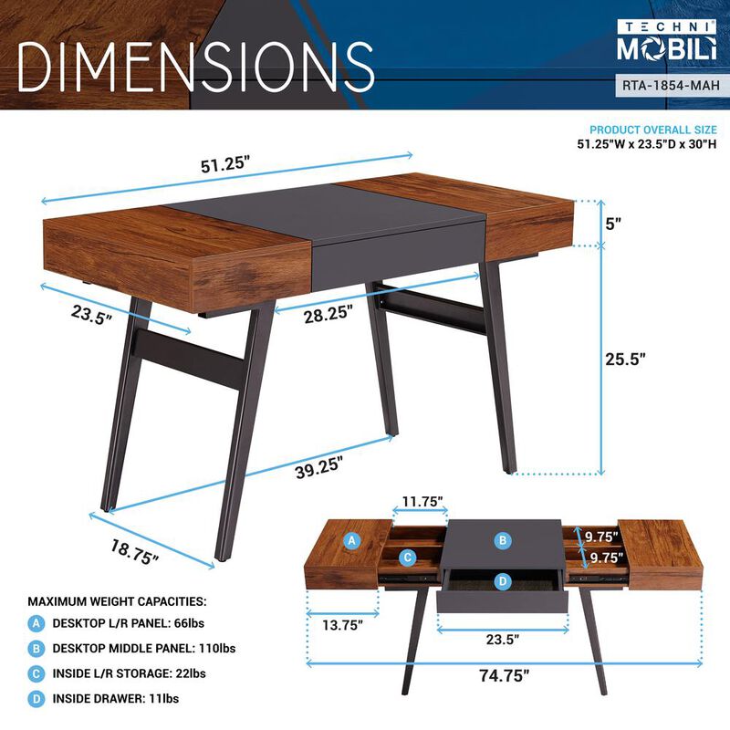 Techni Mobili Expandable Modern Desk with Storage, Mahogany