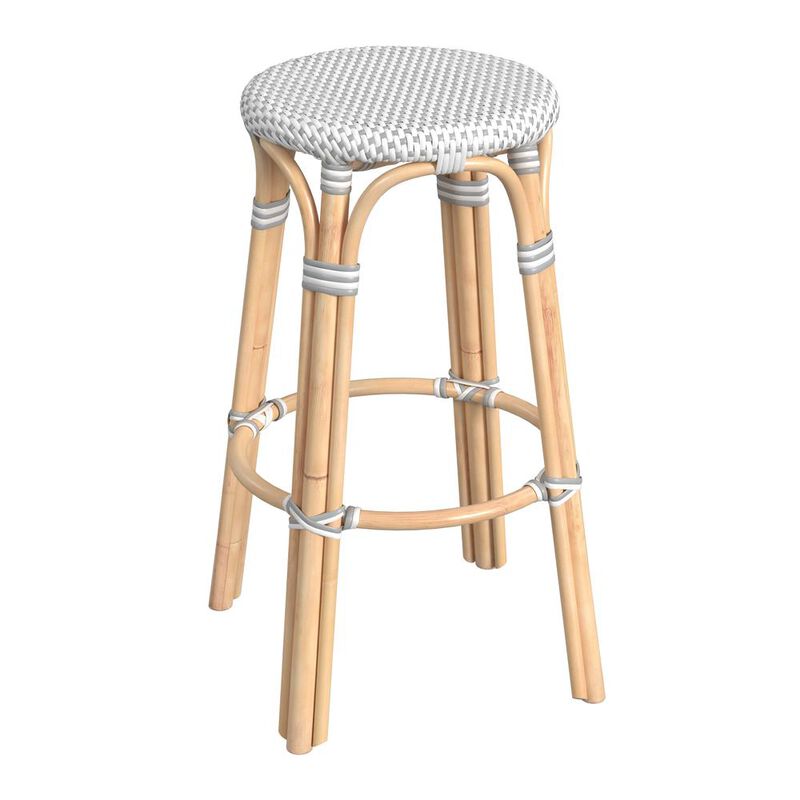 Butler Specialty Tobias Round Rattan 30 Bar Stool, White and Gray Dot