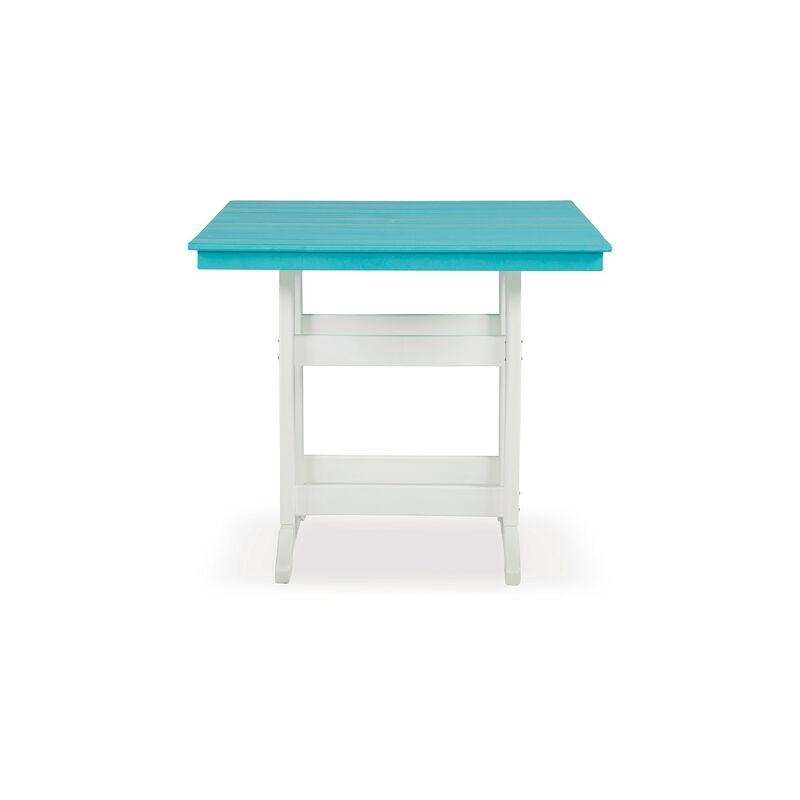 Ely 42 Inch Counter Height Dining Table, Outdoor Slatted, Turquoise, White - Benzara