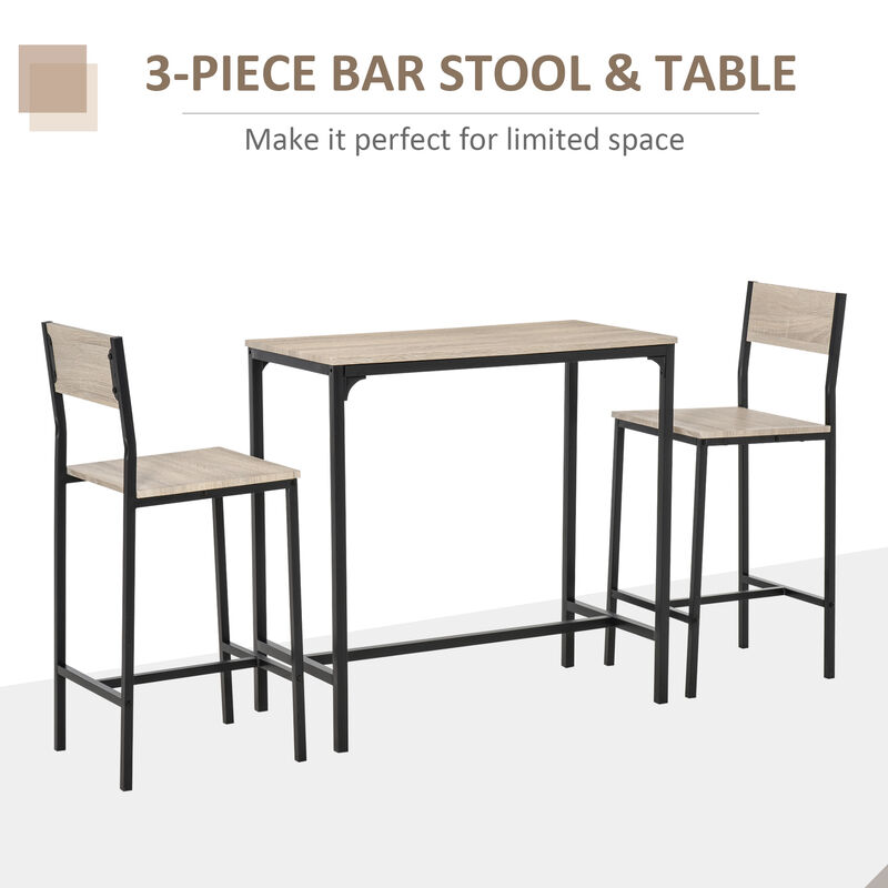 HOMCOM 3 Piece Bar Table and Chairs, Industrial Dining Table Set for 2, Counter Height Kitchen Table with Bar stools, Breakfast Table Set for 2 for Small Space, Natural