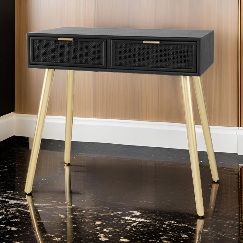 Pia 32 Inch Wood Console Table, 2 Drawers, Woven Rattan Design, Black, Gold