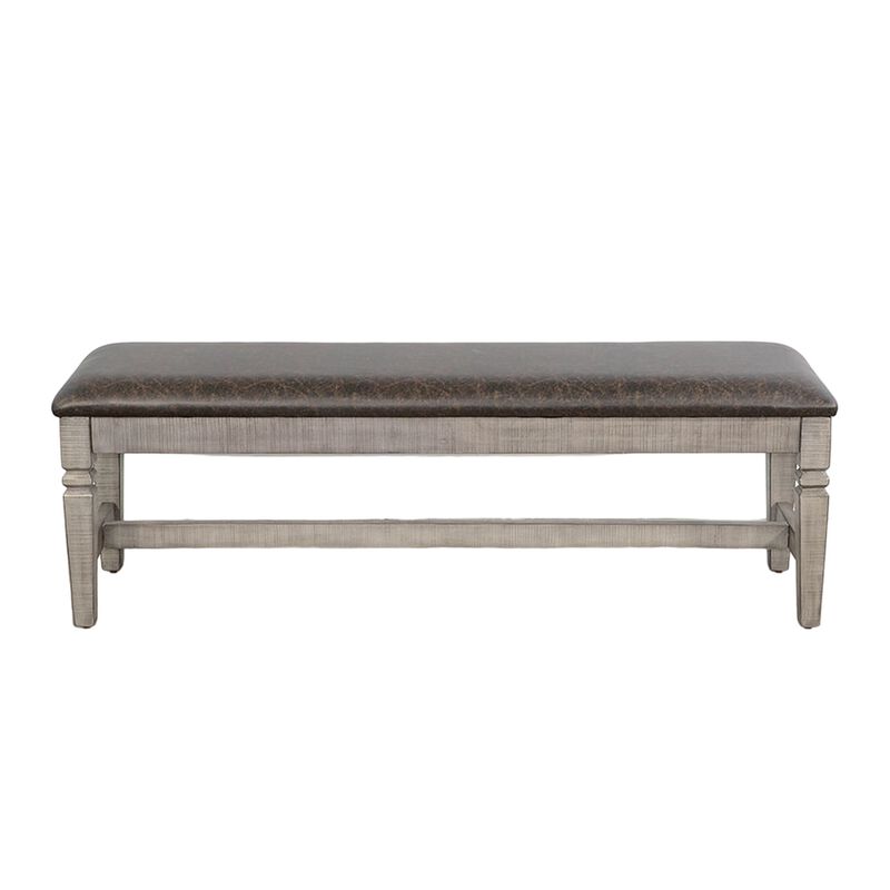 Camie Dining Bench, 56 Inch Faux Leather Seat, Gray Mahogany Wood - Benzara