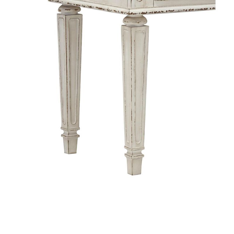 Antiqued Wooden Mirror Stool Set with Square Tapered Legs, White and Brown-Benzara
