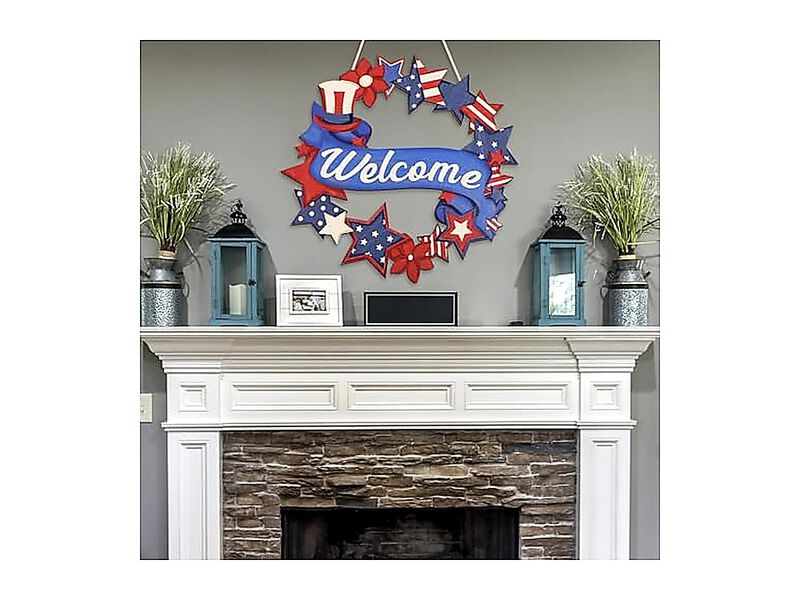 4th July Decor Wood Welcome Sign American Flag Star Wreath Outdoor Wall Hanging image number 2