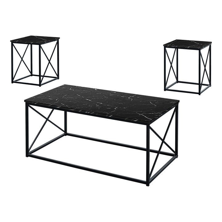 Monarch Specialties I 7954P Table Set, 3pcs Set, Coffee, End, Side, Accent, Living Room, Metal, Laminate, Black Marble Look, Contemporary, Modern