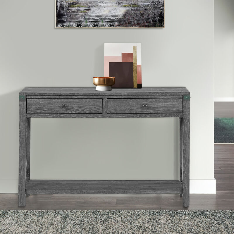 Sofa Table with X Metal Accent and 2 Drawers, Gray