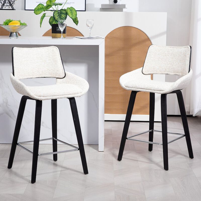 Glamour Home Bea White Two-Toned Linen Fabric Counter Stool with Black Wood Legs
