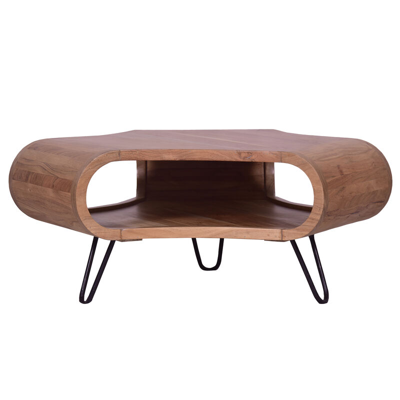 37 Inch Coffee Table, Handcrafted Curved Hexagon Shape with Open Shelf, Natural Brown Acacia Wood, Iron Legs - Benzara