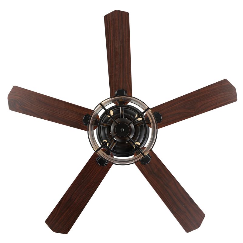 Braxton 52" 4-Light Farmhouse Industrial Iron Drum Shade LED Ceiling Fan With Remote, Black/Clear