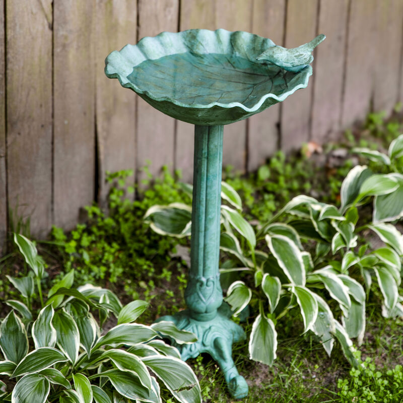 Sunnydaze Autumnal Leaf Metal Bird Bath - Green Patina - 11.75 in