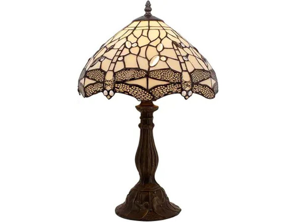 Tiffany Dragonfly Table Lamp Cream Stained Glass Bedside Desk Reading Light