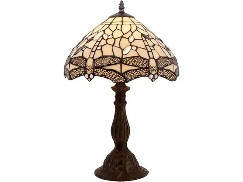 Tiffany Dragonfly Table Lamp Cream Stained Glass Bedside Desk Reading Light image number 0