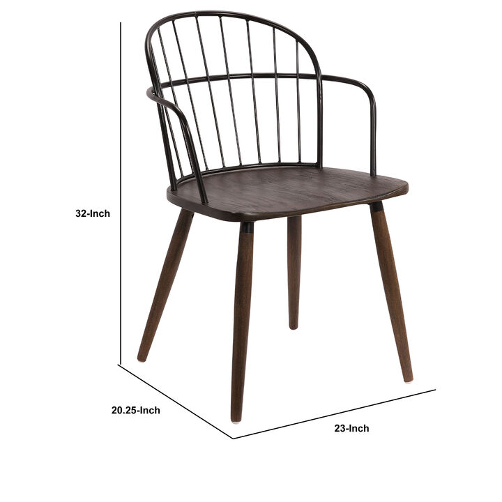 Metal Frame Side Chair with Open Backrest, Black and Brown-Benzara