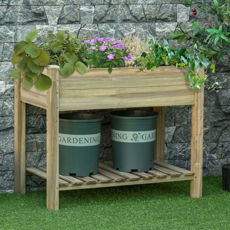 Streamdale Spacious Elevated 2-Tier Trough-Shaped Garden Bed with Storage Shelf