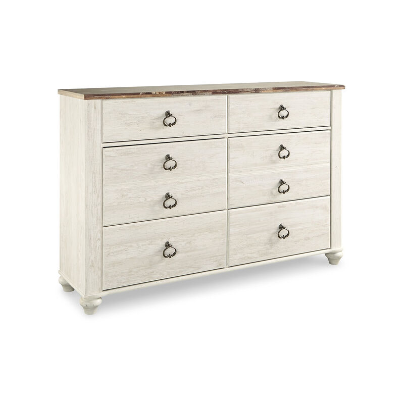 Isla Wide Dresser, 6 Drawers, Brown Wood Finish Top, Rustic Whitewash - Benzara