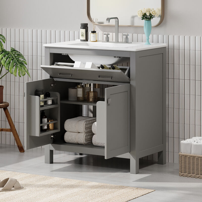 Whisen 30" Bathroom Storage Cabinet Bathroom Vanity with Ceramic Sink, 2 Soft Close Doors, Adjustable Shelf and Flip Drawer