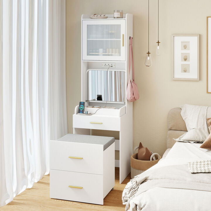 Bedroom Vanity Desk with Flip Top Mirror Power Outlets and Storage Stool