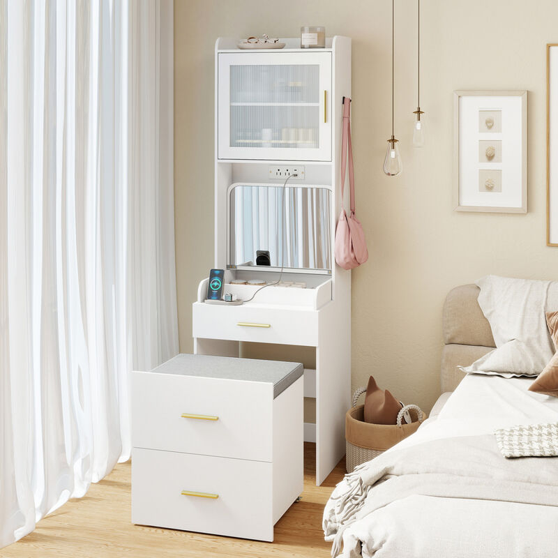 Bedroom Vanity Desk with Flip Top Mirror Power Outlets and Storage Stool image number 1