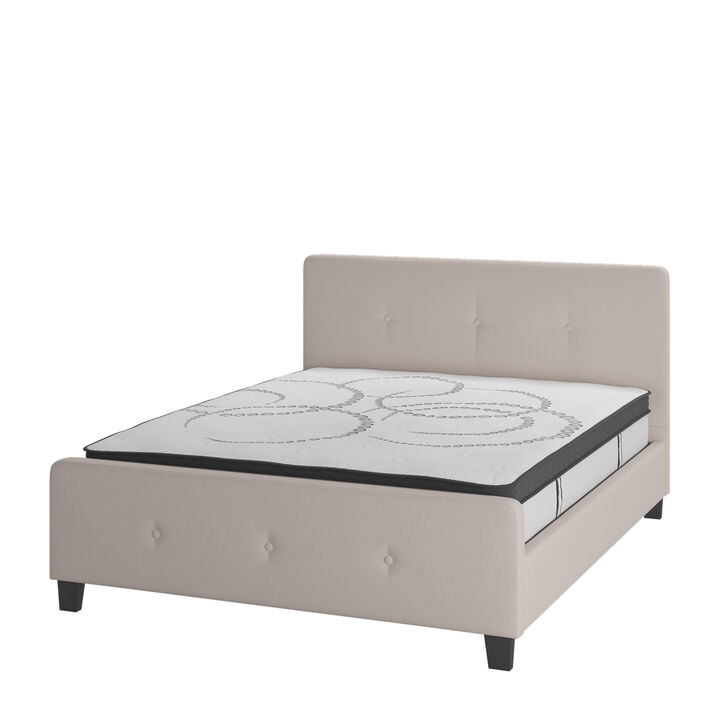 Tribeca Queen Size Tufted Upholstered Platform Bed in Beige Fabric with 10 Inch CertiPUR-US Certified Pocket Spring Mattress