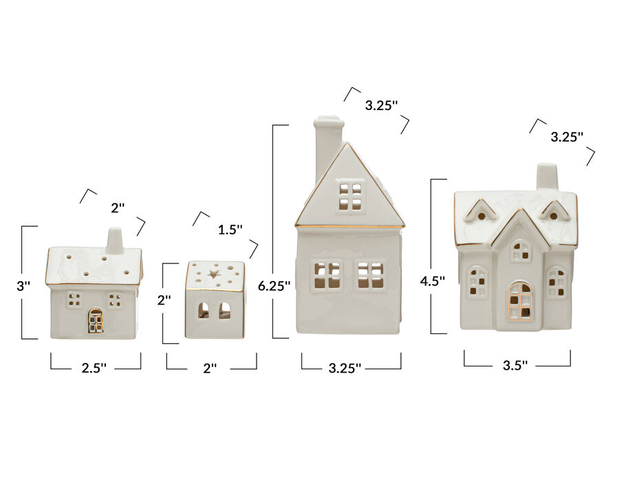 Stoneware Village with LED Lights and Electroplating, White, Set of 4