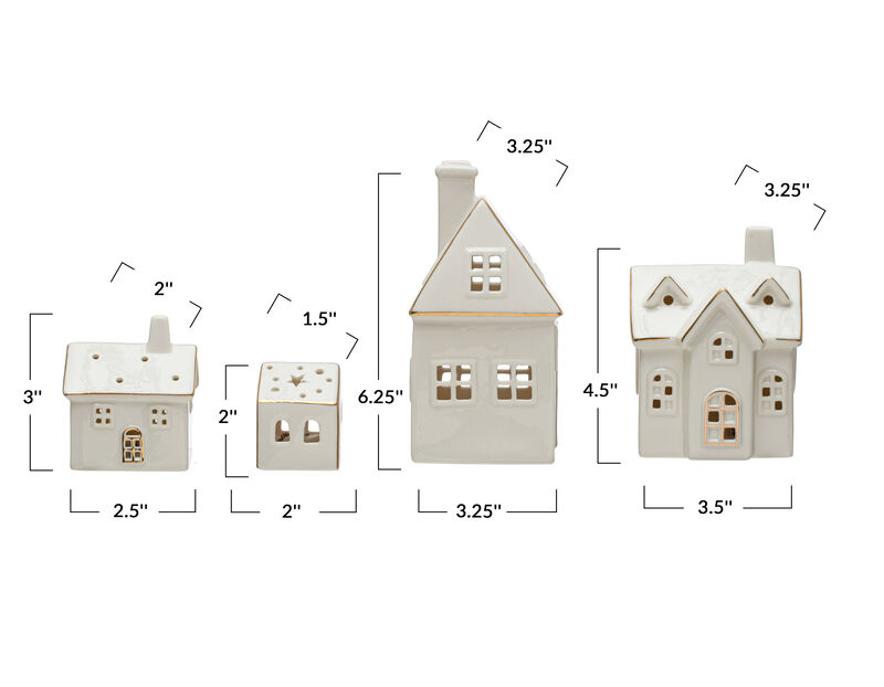 Stoneware Village with LED Lights and Electroplating, White, Set of 4 image number 1