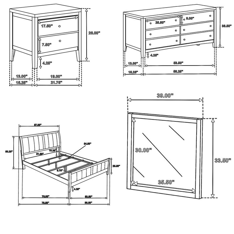 Wily 4pc Full Size Bedroom Set, Dresser Mirror, Dark Brown Upholstery - Benzara image number 4