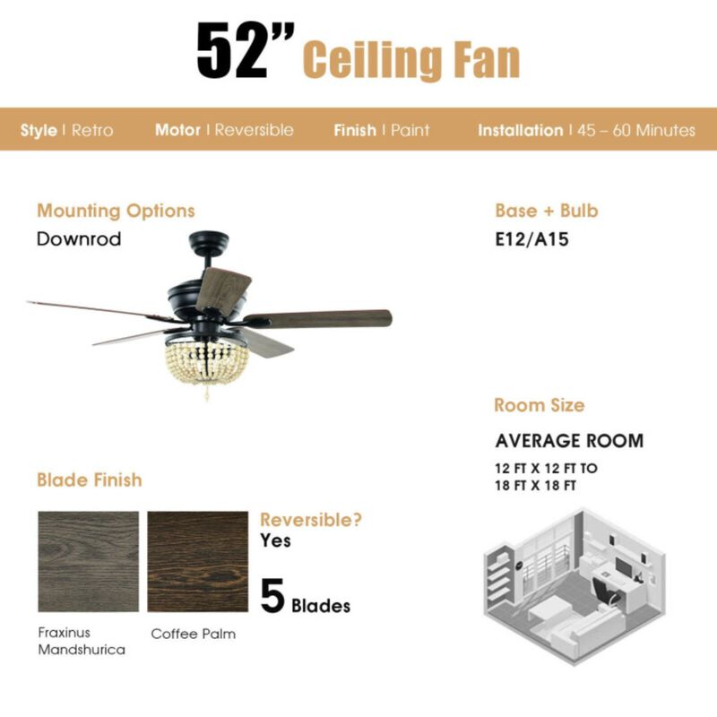 52 Inch Retro Ceiling Fan Light with Reversible Blades