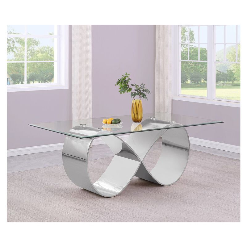 Best Quality Furniture 78X42 Tempered Glass Dining Table With An Infinity Silver Stainless Steel Base