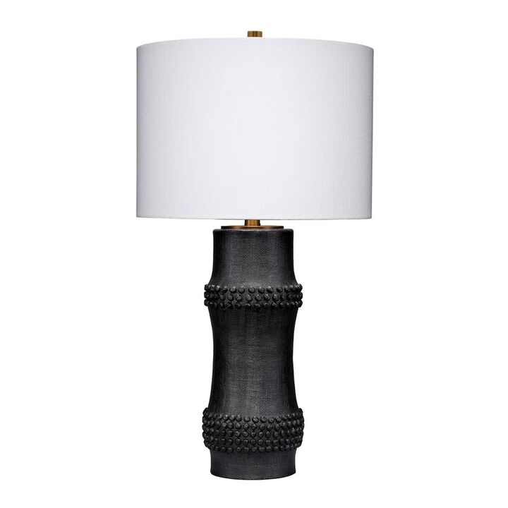 Lemy 28 Inch Table Lamp, White Linen Drum Shade, Dotted Black Base - Benzara