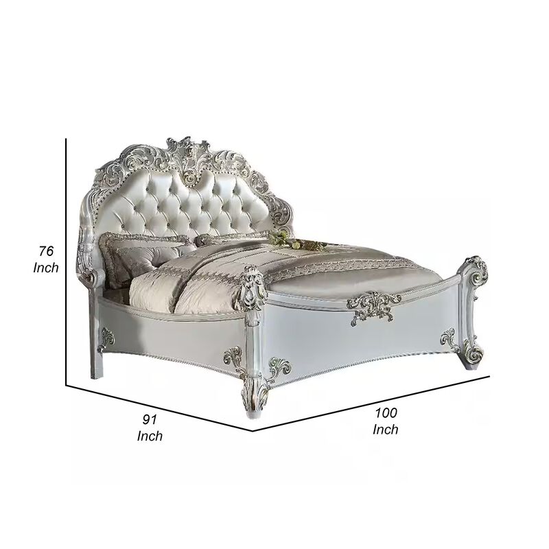 Antoine California King Bed, Pearl White Faux Leather Victorian Carved - Benzara