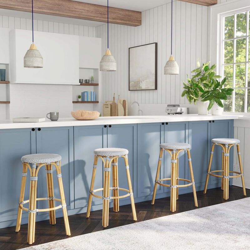 Butler Specialty Tobias Round Rattan 30 Bar Stool, White and Sky Blue Dot