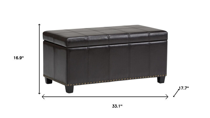 HomeRoots 33" Brown and Espresso Faux Leather and Solid Wood Upholstered Storage Bench With Flip Top image number 6