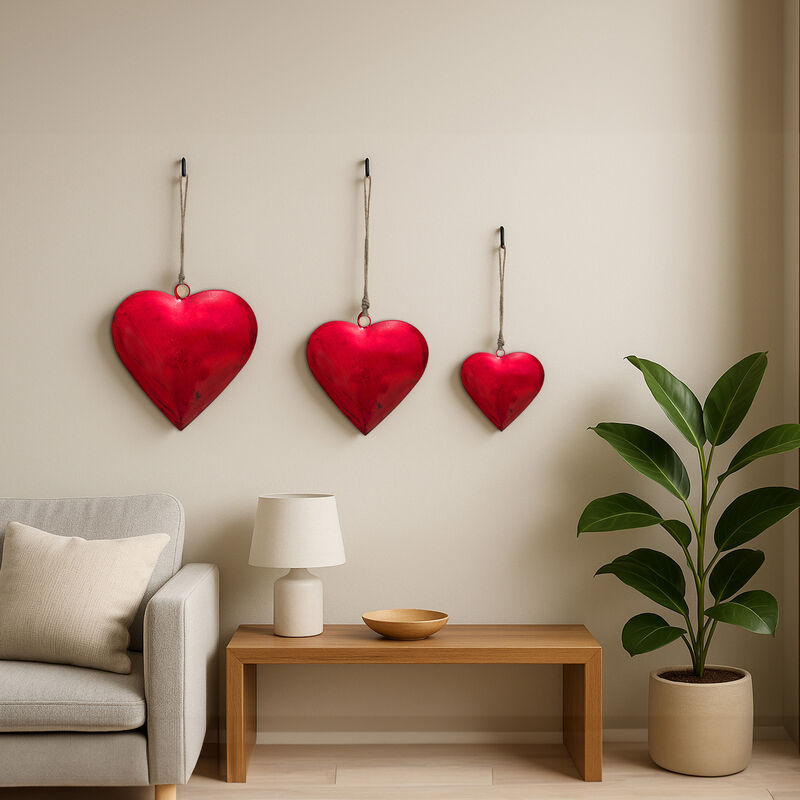 Myri Decorative Metal Heart Wall Decor Set of 3, Classic Red with Jute Hanging Rope, 12, 9.5, 7 Inches