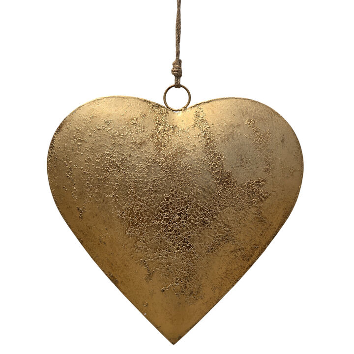 Myri Decorative Metal Heart Wall Decor Set of 3, Antique Gold Iron with Jute Hanging Rope, 12, 9.5, 7 Inches