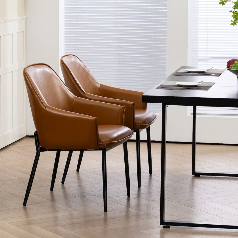 Glamour Home Set of 2 Light Brown Faux Leather Upholstered Dining Chair Black Iron Legs