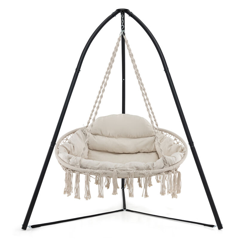 Hand-Woven Rope Hanging Chair with Thick Cushion and Folding Metal Frame