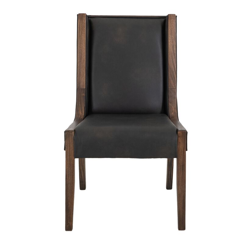 Ally Dining Side Chair Set of 2, Walnut Brown Wood, Black Faux Leather - Benzara
