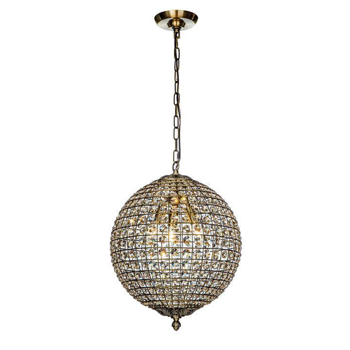 3-Light 16" Retro Antique Gold Crystal Globe Chandelier With Crystal Accents