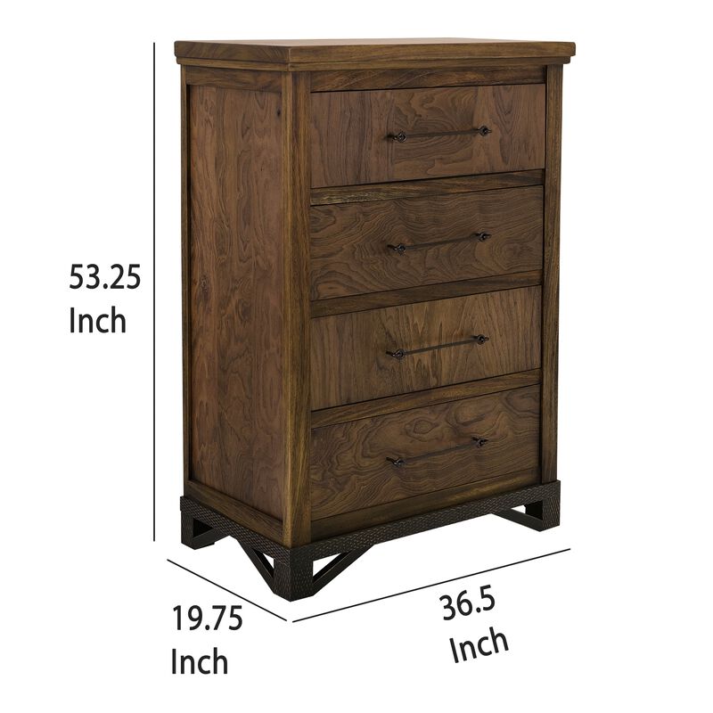 Ally Tall Dresser Chest, 4 Drawers, Classic Walnut Brown Parota Wood - Benzara