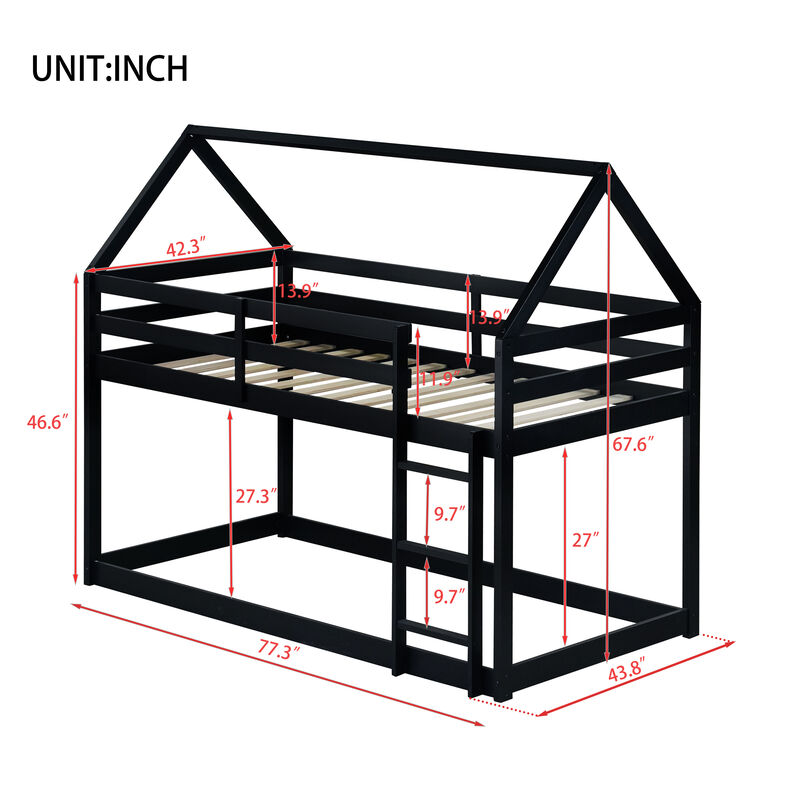 Whisen Twin over Twin Rubber Wood House-Shaped Floor Bunk Bed with ladder and Safety Guardrails image number 9