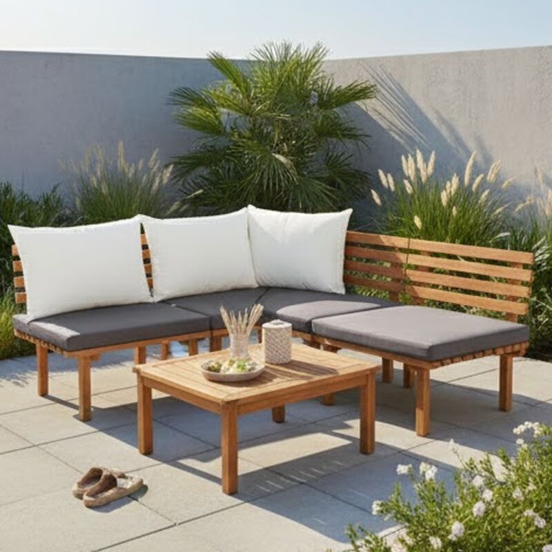 Roma Outdoor Modular Corner Chair, White Fabric, Solid Acacia Wood - Benzara image number 8