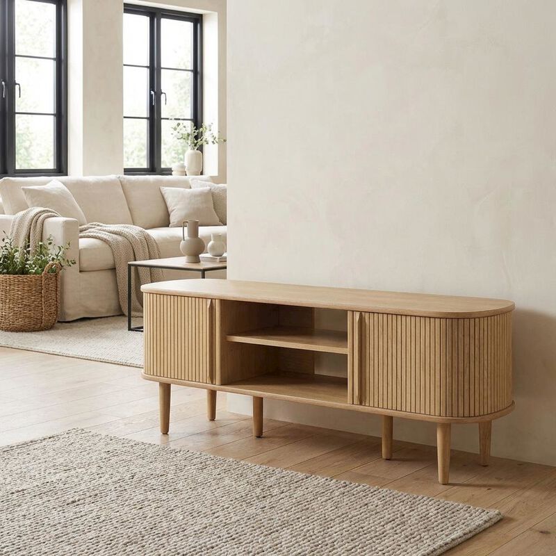 Gray wood TV stand with sleek design and sturdy construction image number 4