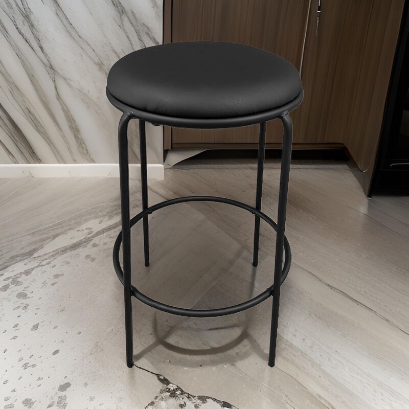 Neni 30 Inch Barstool Set of 2, Round Cushioned Seat, Black Faux Leather - Benzara