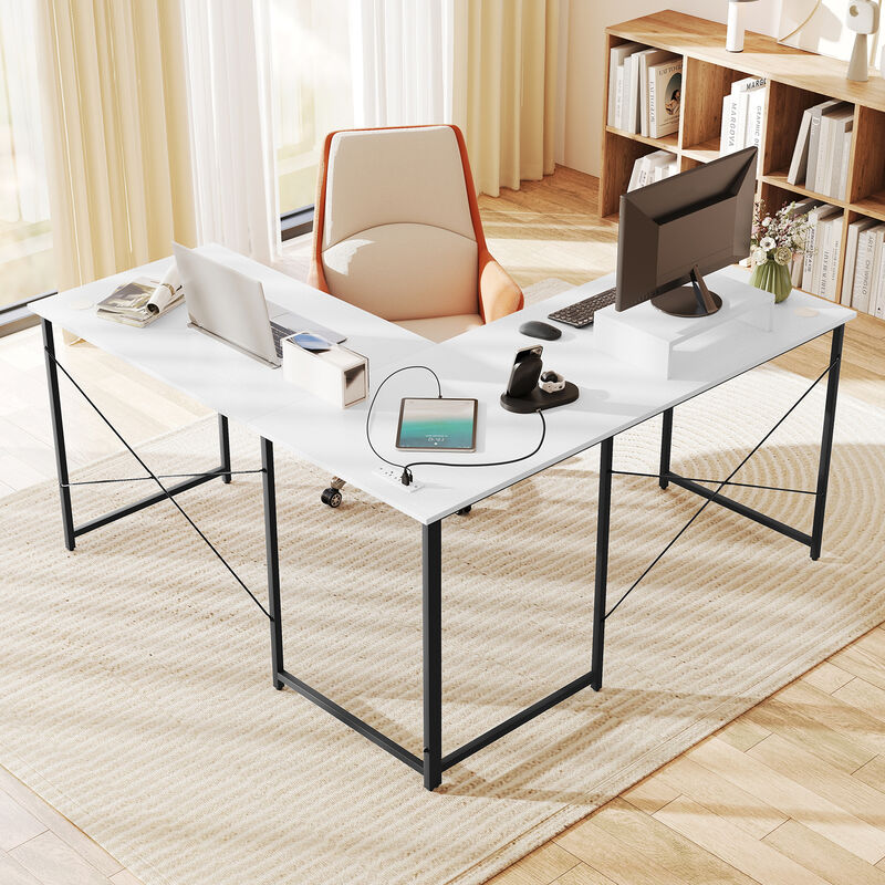 L-Shaped 2-Person Desk with Monitor Riser –  Reversible Computer Workstation