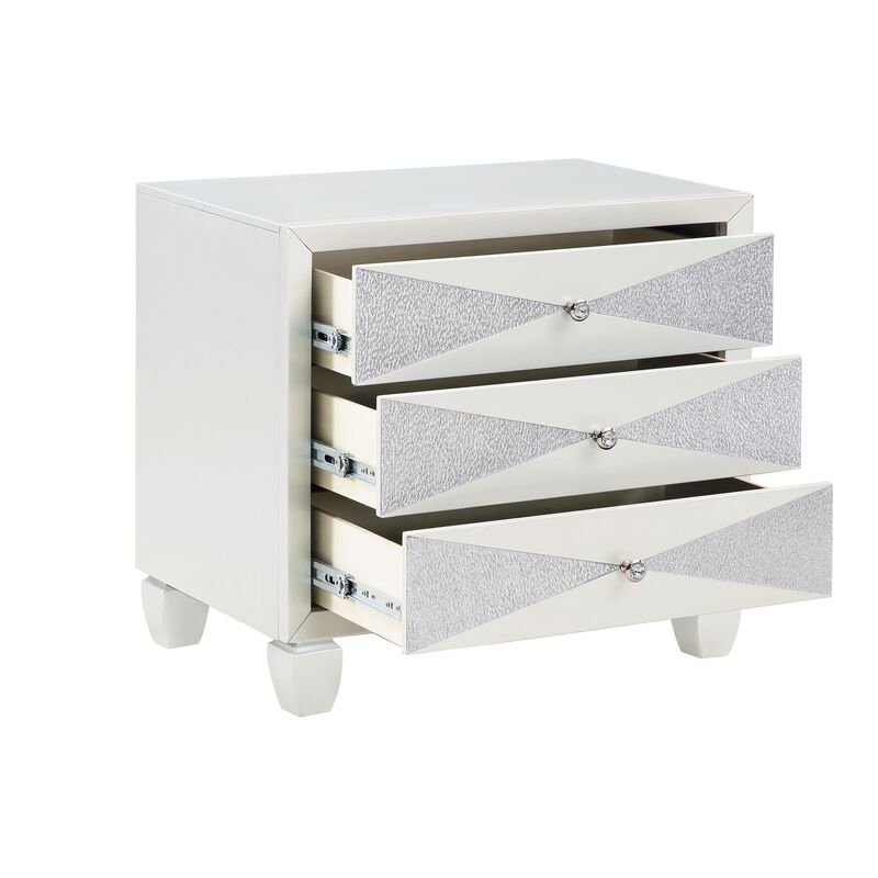 Lexi 28 Inch Modern Nightstand with 3 Drawers, Shimmer Accents, Off White-Benzara